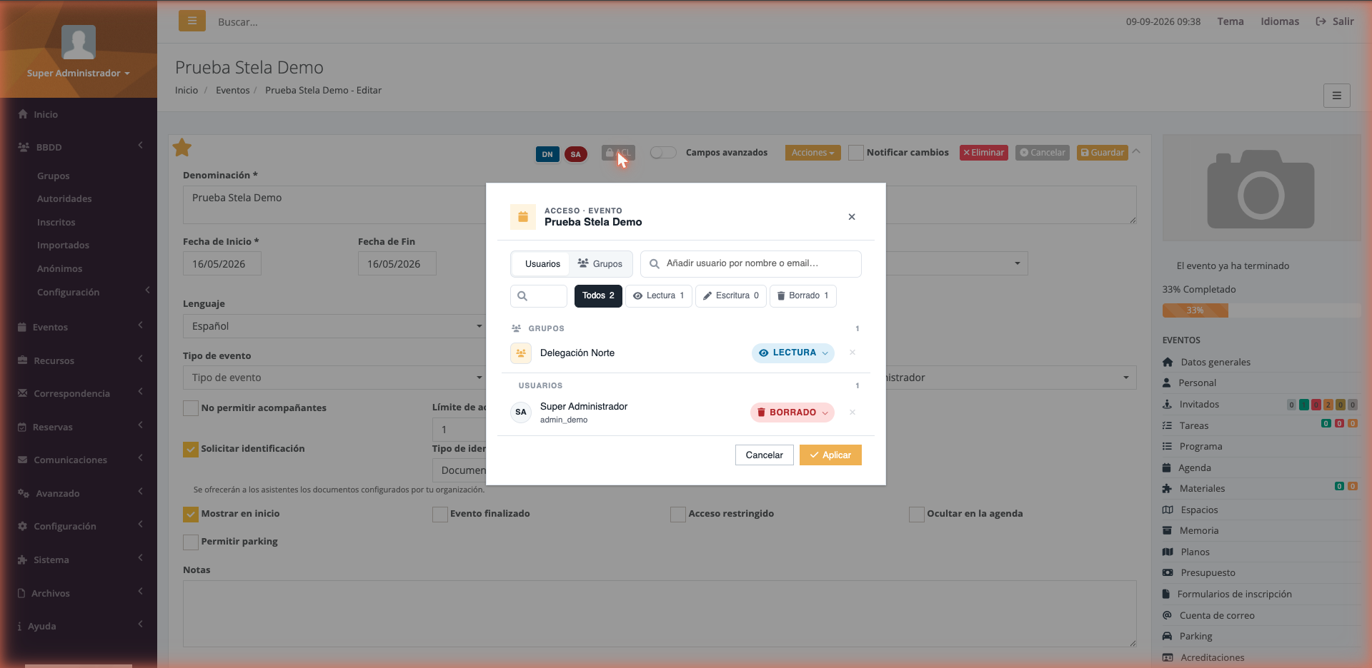 Lista de acceso completa, separada en Grupos y Usuarios