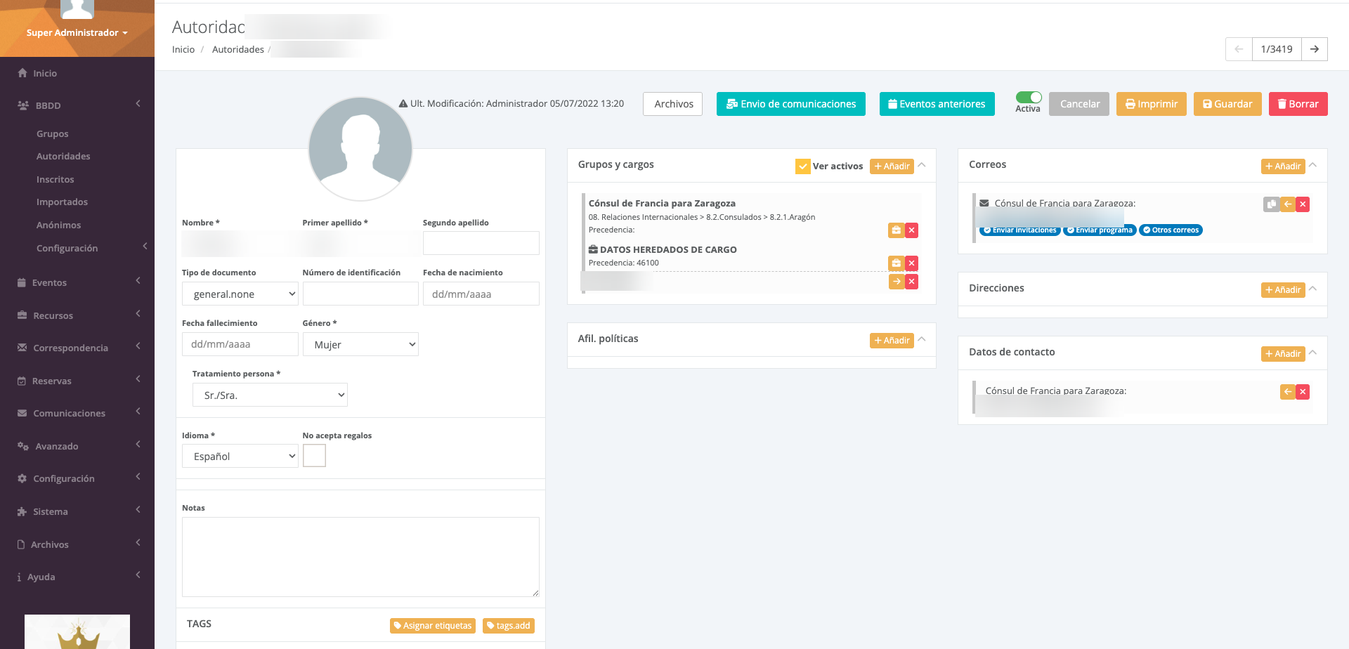 Ficha de autoridad con los datos heredados de cargo