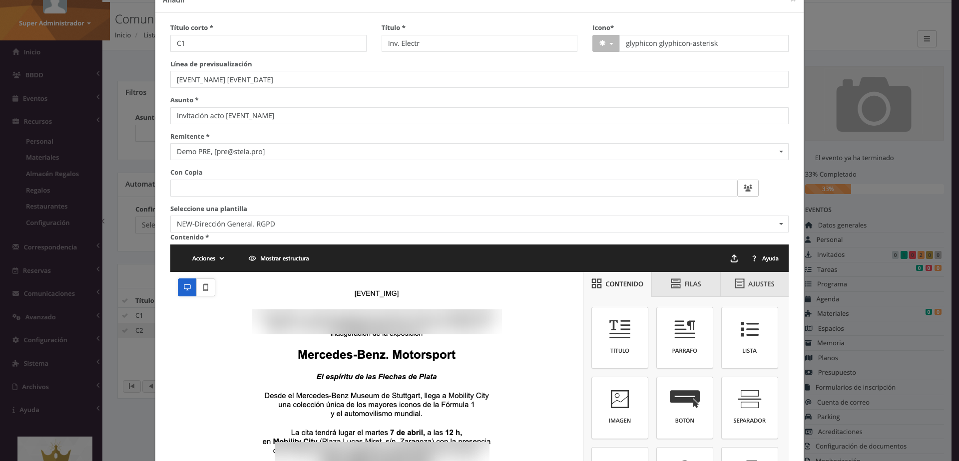 Editor de una comunicación con el editor de correo incrustado