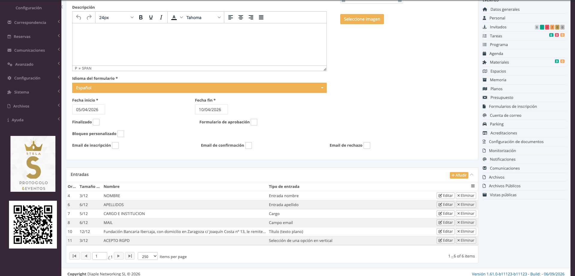 Editor de formulario con sus entradas