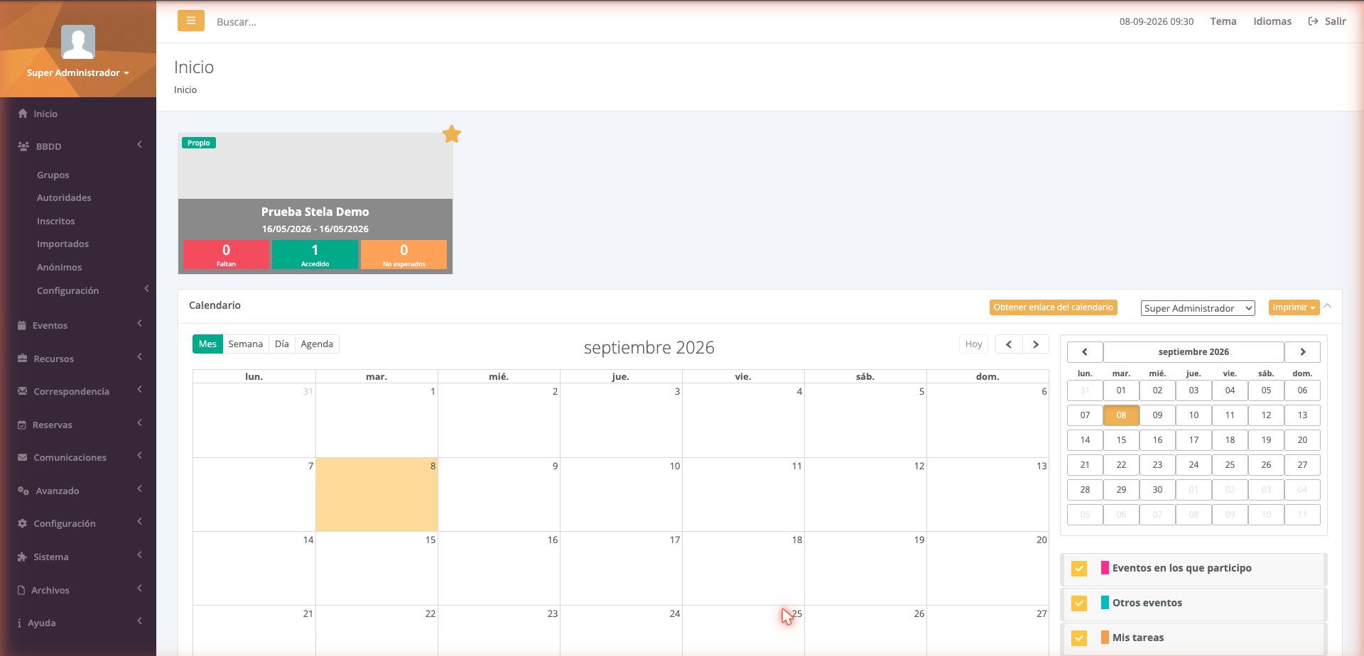 Pantalla de inicio: tarjeta del evento y calendario